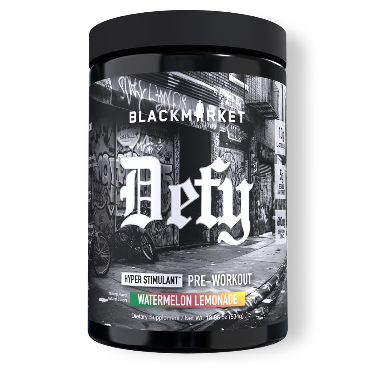 BLACKMARKET DEFY bottle front view highlighting high-stim pre-workout for intense training