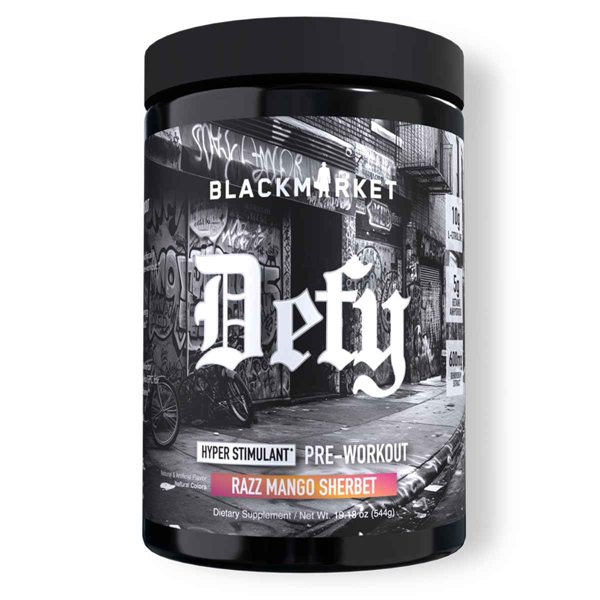 BLACKMARKET DEFY bottle front view highlighting energy-boosting pre-workout.