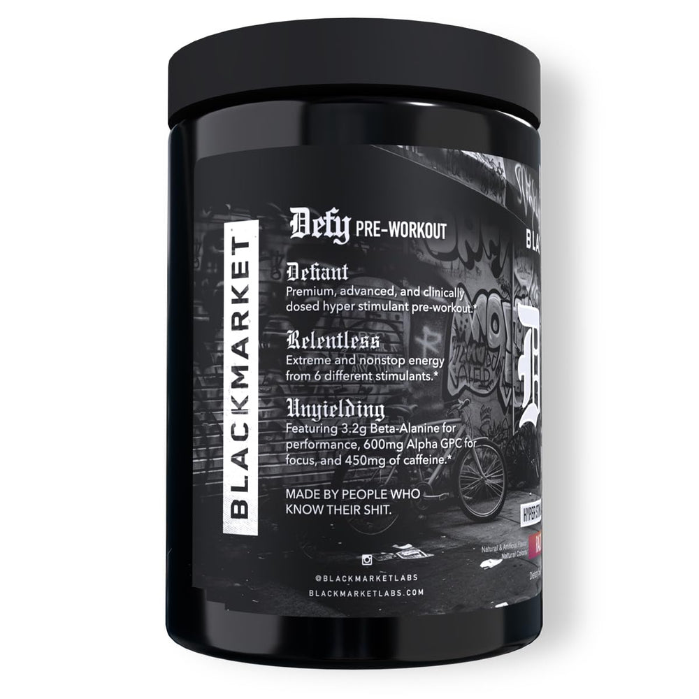 BLACKMARKET DEFY bottle nutrition panel shows transparent ingredient doses.