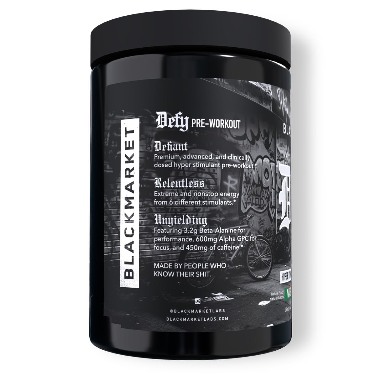 BLACKMARKET DEFY bottle side angle shows premium formula and energy potential