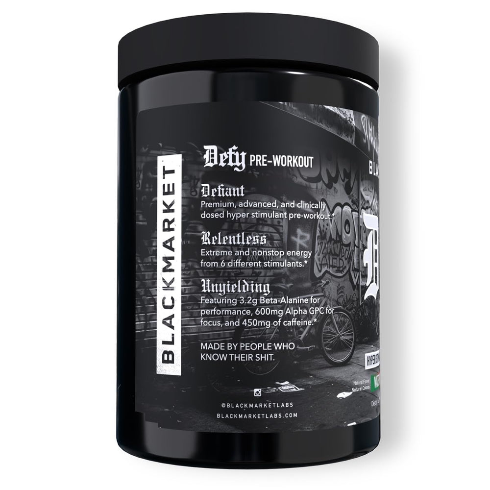 BLACKMARKET DEFY bottle side angle shows premium formula and energy potential