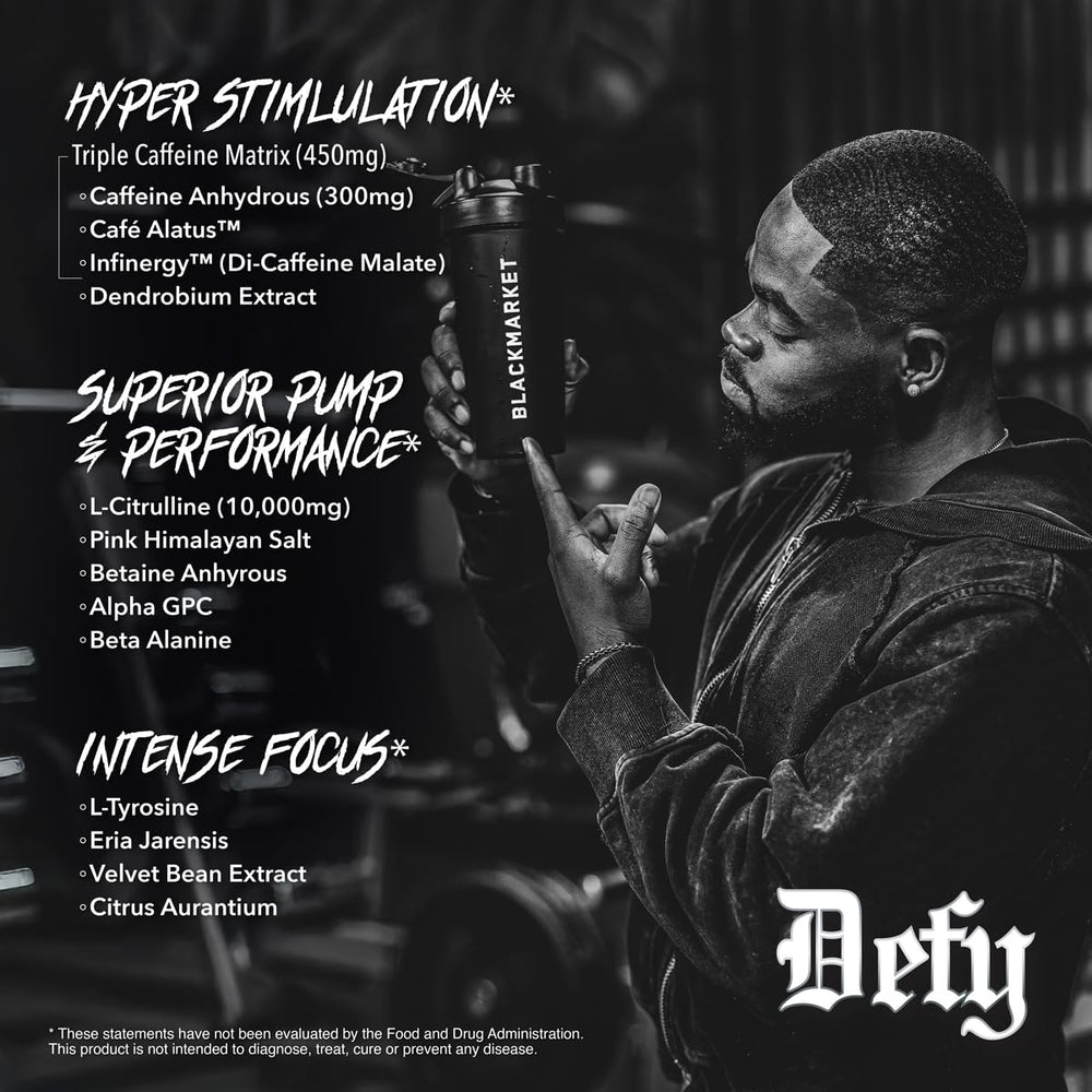BLACKMARKET DEFY ingredients close-up showcases L-Citrulline and beta-alanine for performance