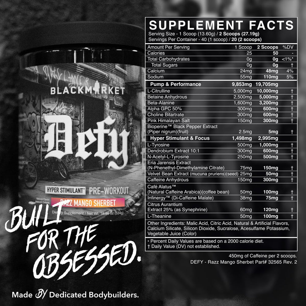 BLACKMARKET DEFY label close-up emphasizes full ingredient disclosure.