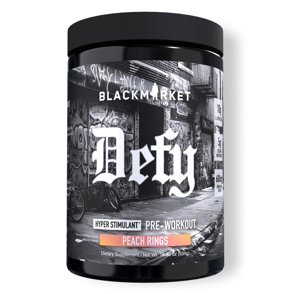 BLACKMARKET DEFY Peach Rings pre-workout powder energizes workouts