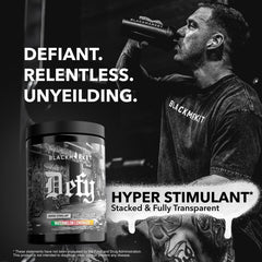 BLACKMARKET DEFY powder tub graphic emphasizes caffeine matrix and transparent dosing