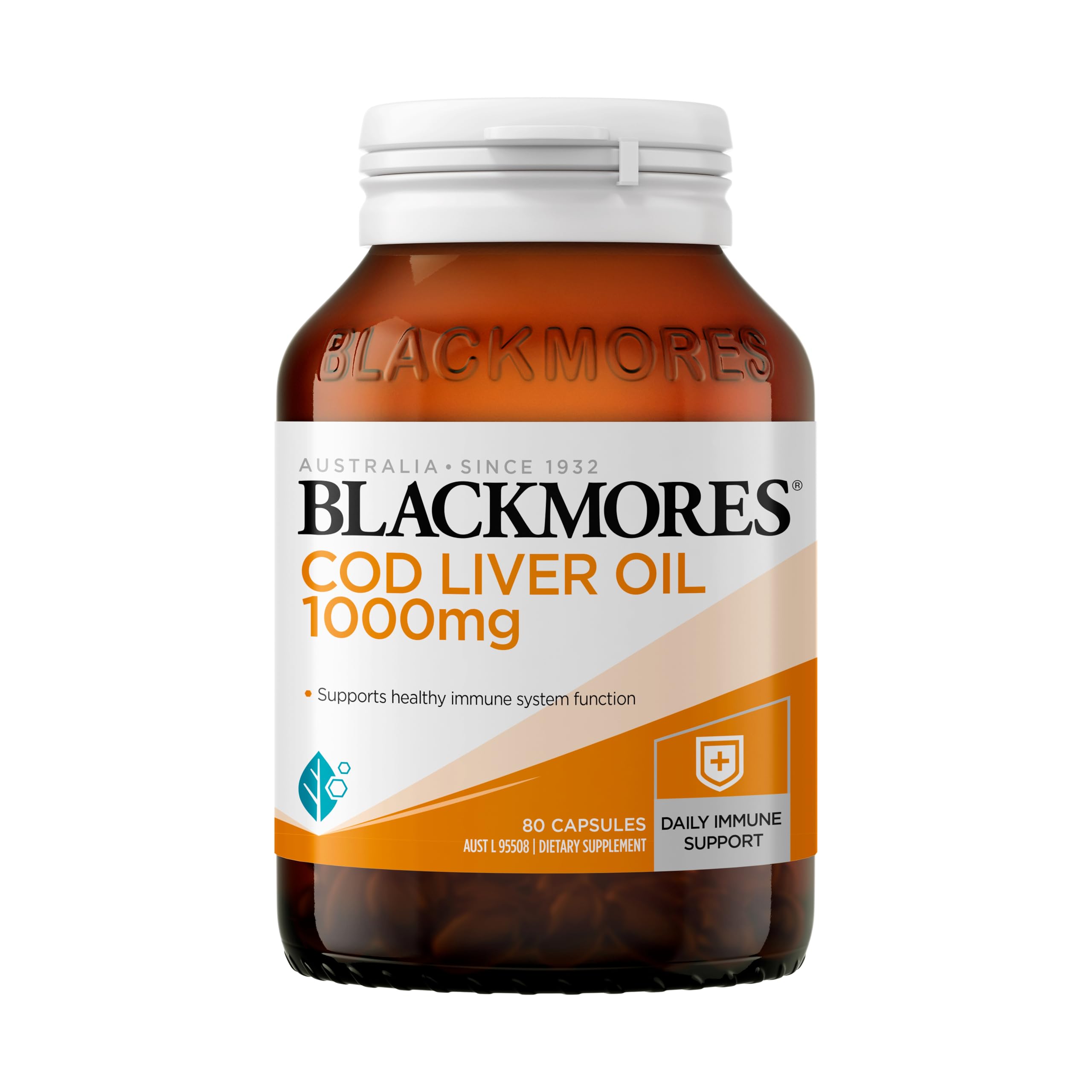 Blackmores Cod Liver Oil 1000mg bottle for daily immune support.