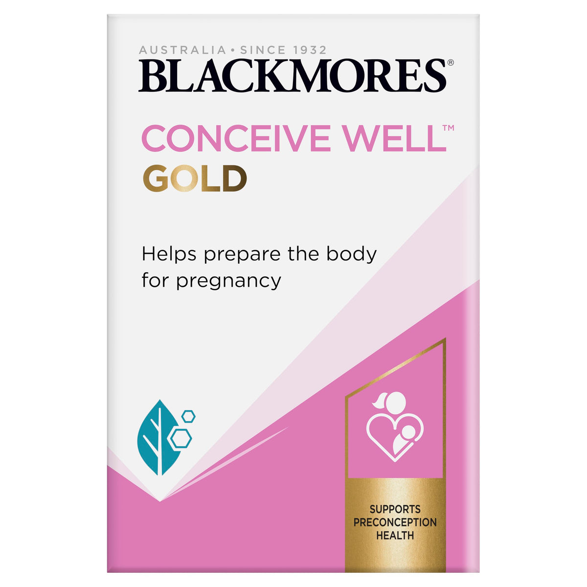 Blackmores Conceive Well Gold bottle front showing dual-pack formula