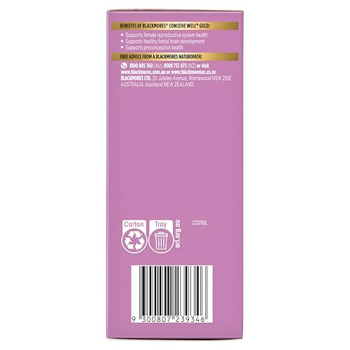 Blackmores Conceive Well Gold tablets close-up highlighting folic acid and iron