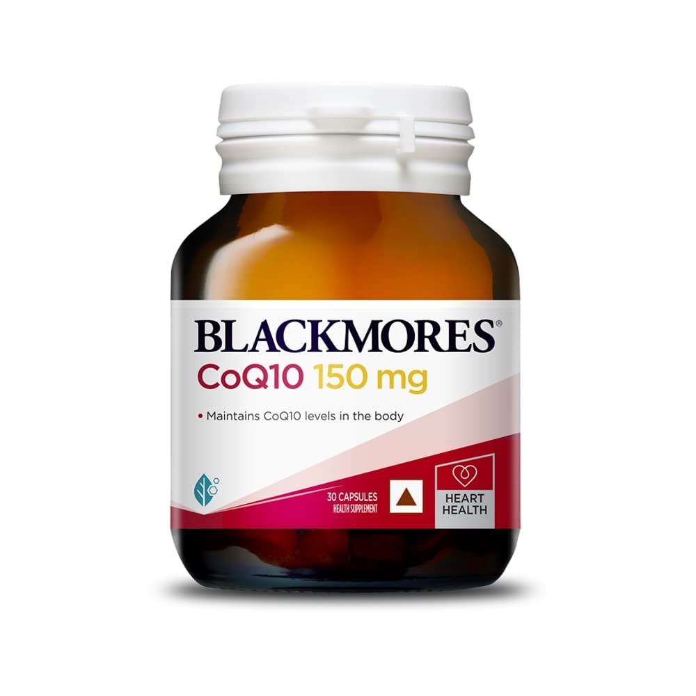 Blackmores CoQ10 150 mg softgel bottle highlighting high absorption for daily energy support.