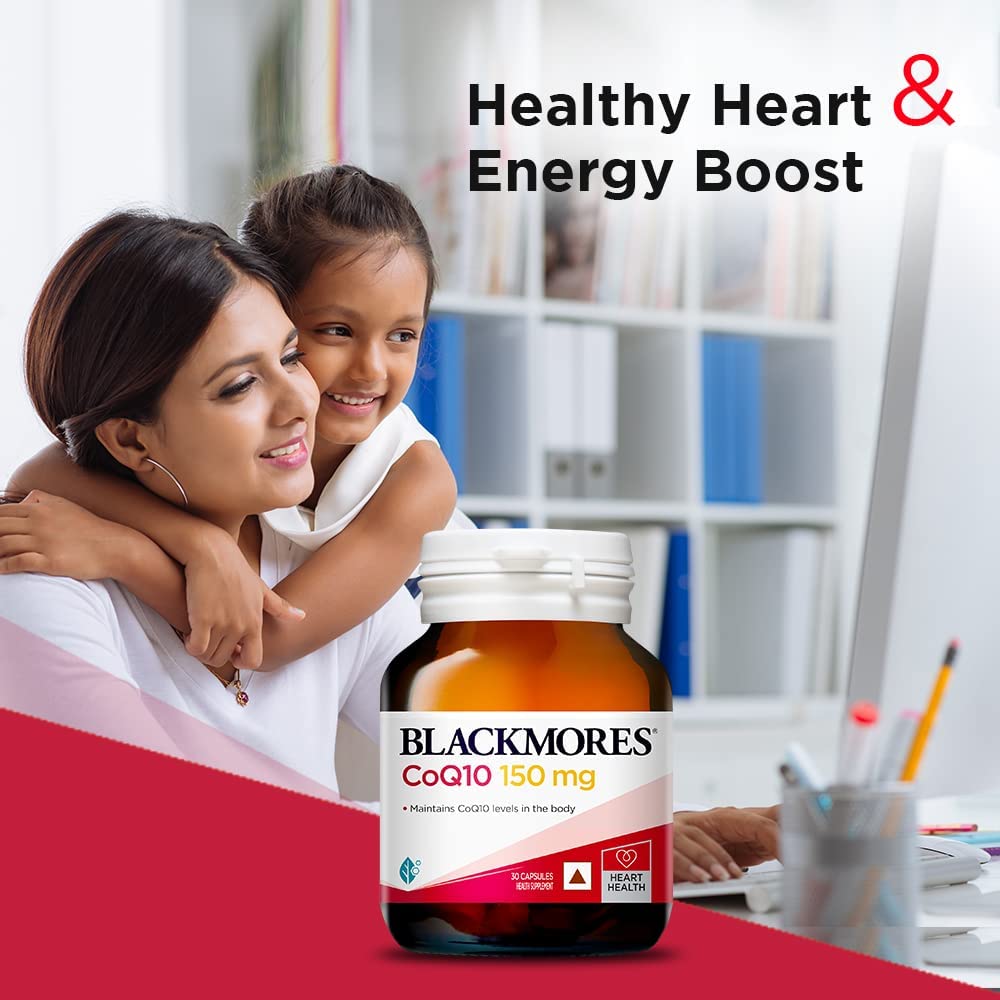 Blackmores CoQ10 150 mg capsule close-up with nutrition facts visible.