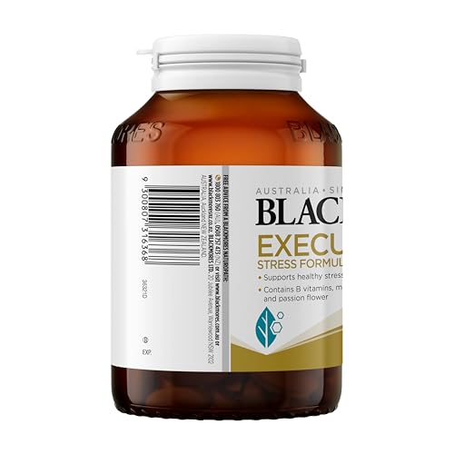 Blackmores Executive B 160 tablets label closeup highlights vitamin B complex for nervous system health.