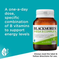 Blackmores Mega B Complex ingredients scene emphasizing essential vitamins for metabolism