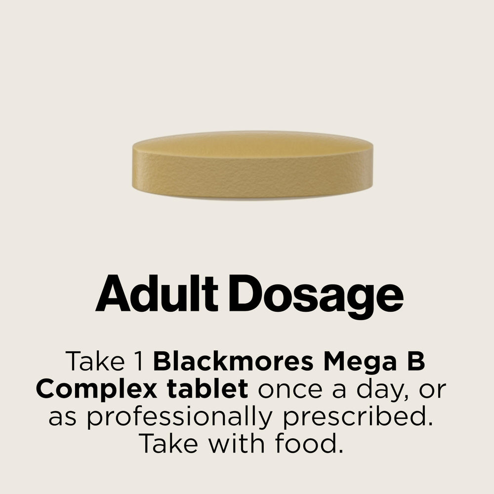 Blackmores Mega B Complex packaging with box and bottle on clean surface