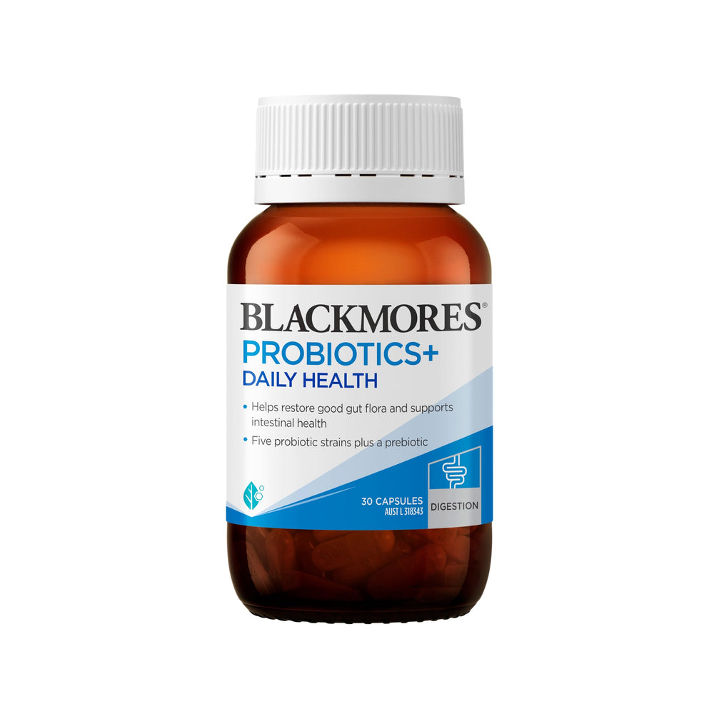 Blackmores Probiotics+ Daily Health bottle closeup suggesting daily gut balance support.