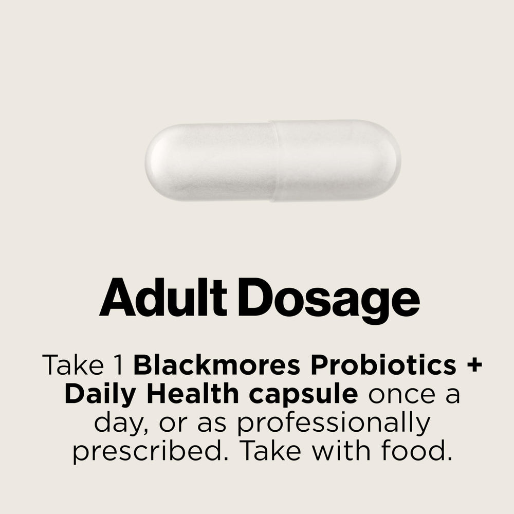 Blackmores Probiotics+ Daily Health daily-use scene suggests easy swallow with water.