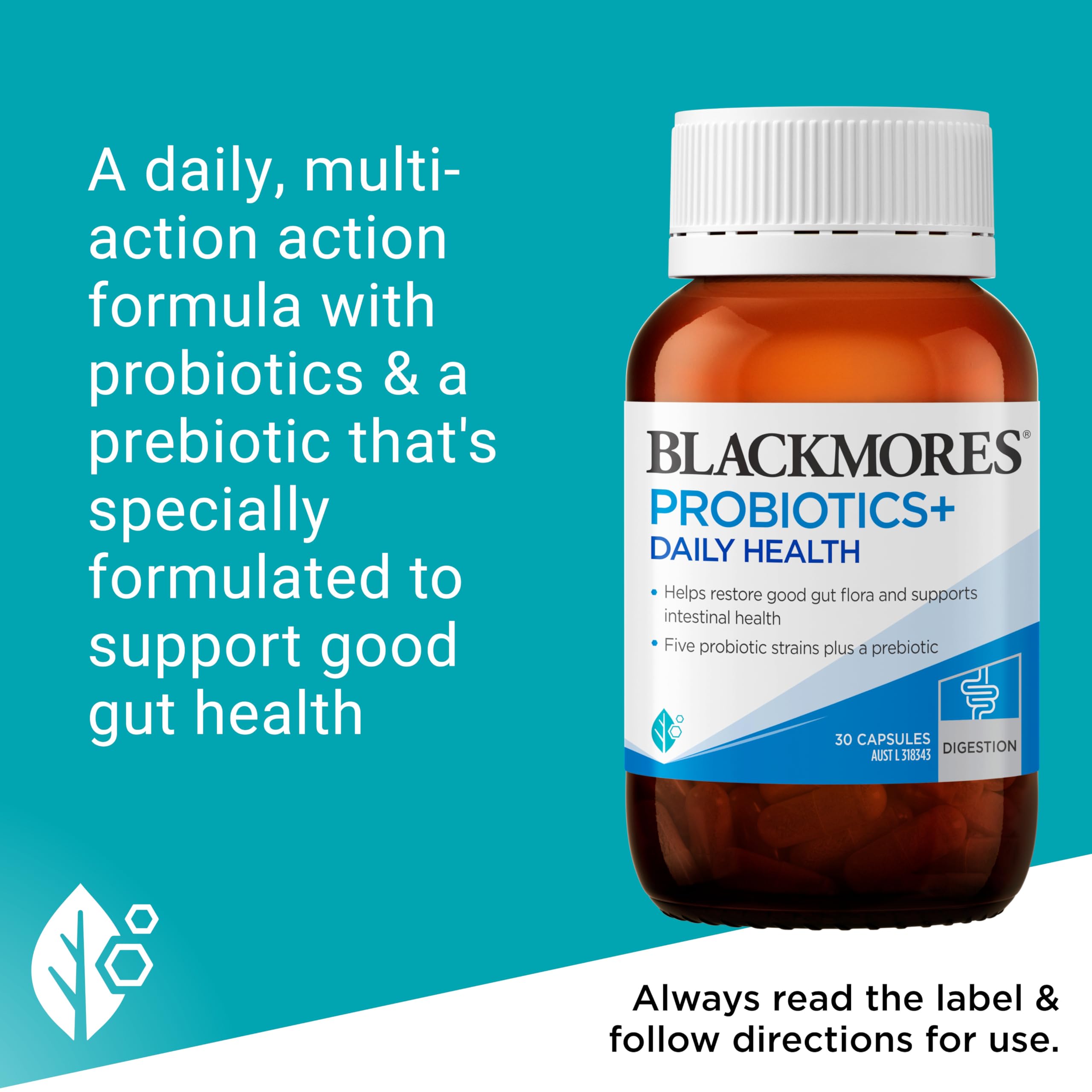 Blackmores Probiotics+ Daily Health five strains illustration communicates clinically trialled probiotic diversity.