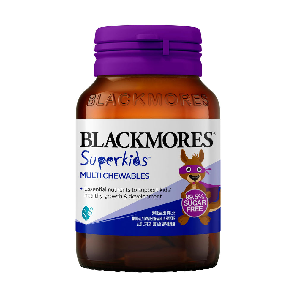 Blackmores Superkids Multi chewables pack front promoting daily growth support.