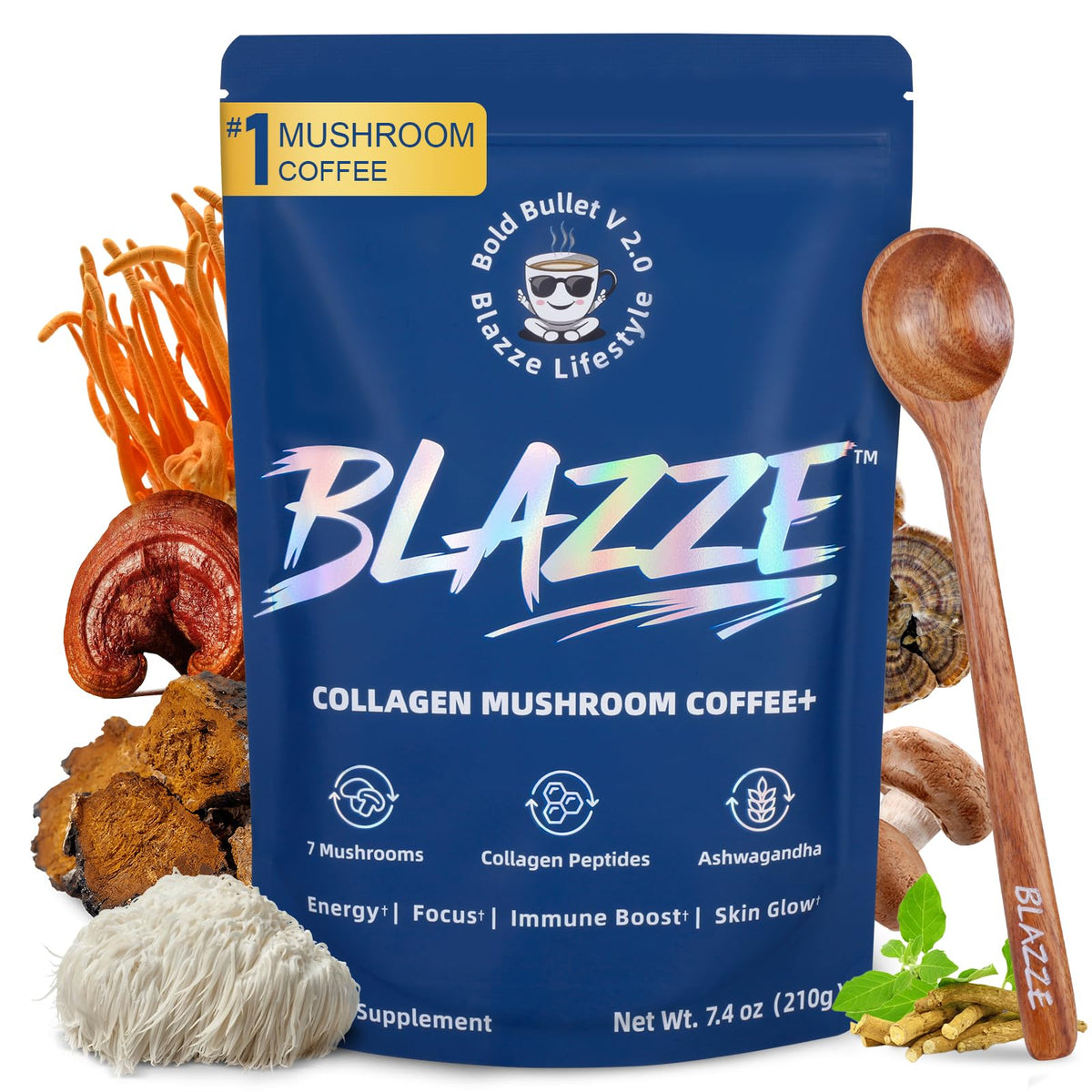 Blazze mushroom coffee bottle showcases premium packaging and convenient energy on the go.