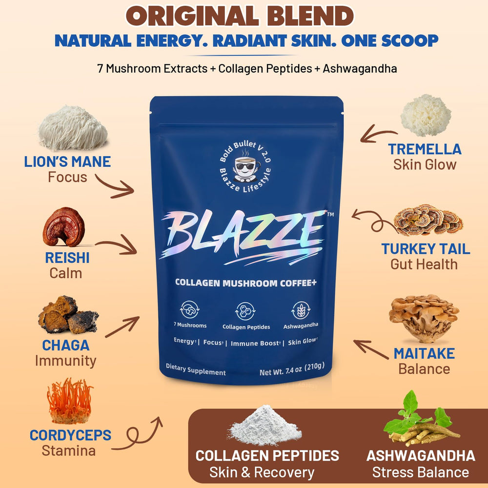Blazze seven-mushroom fruiting body bottle emphasizes a potent nutrient blend.