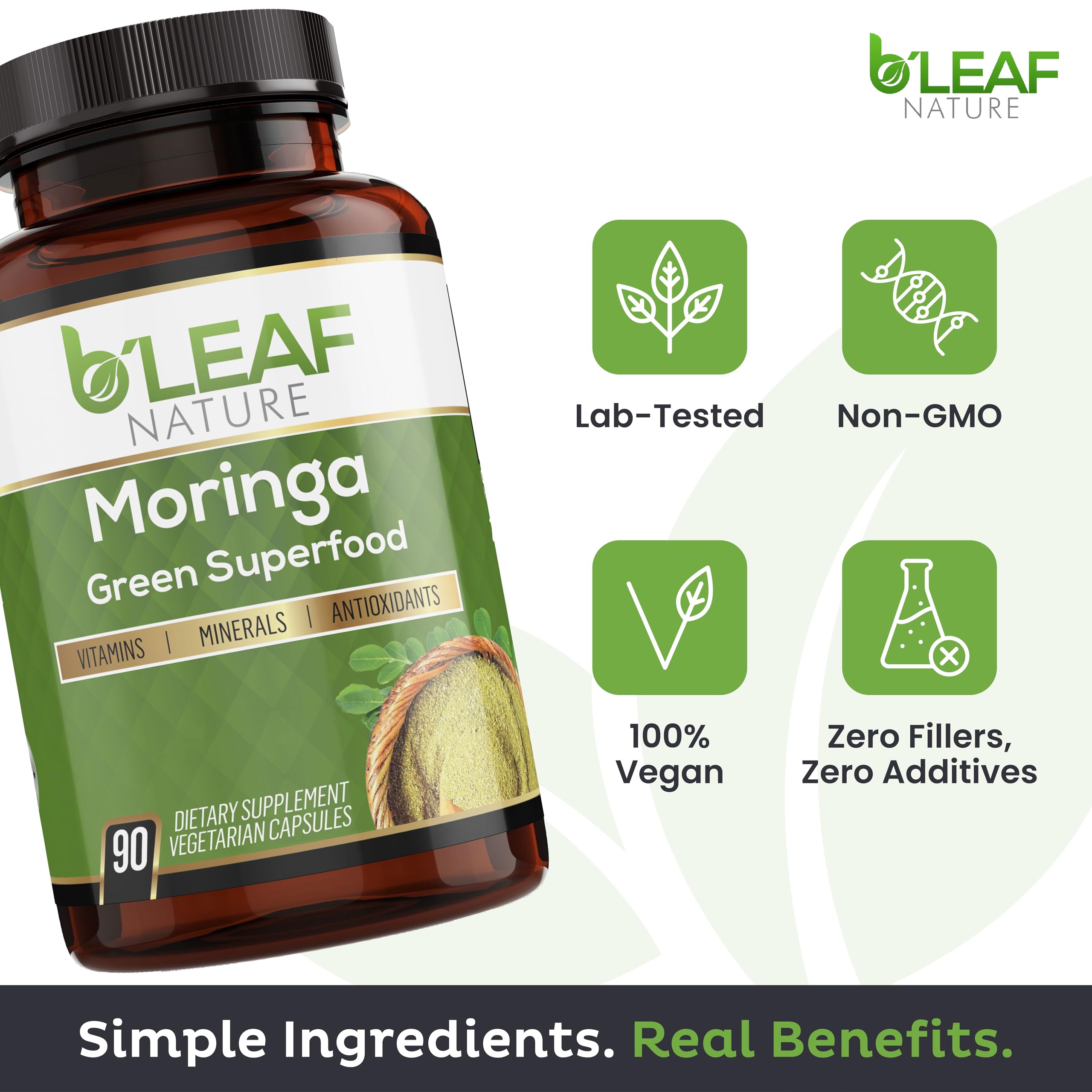 B'LEAF NATURE MORINGA capsules on shelf convey vegan, non-GMO wellness support.