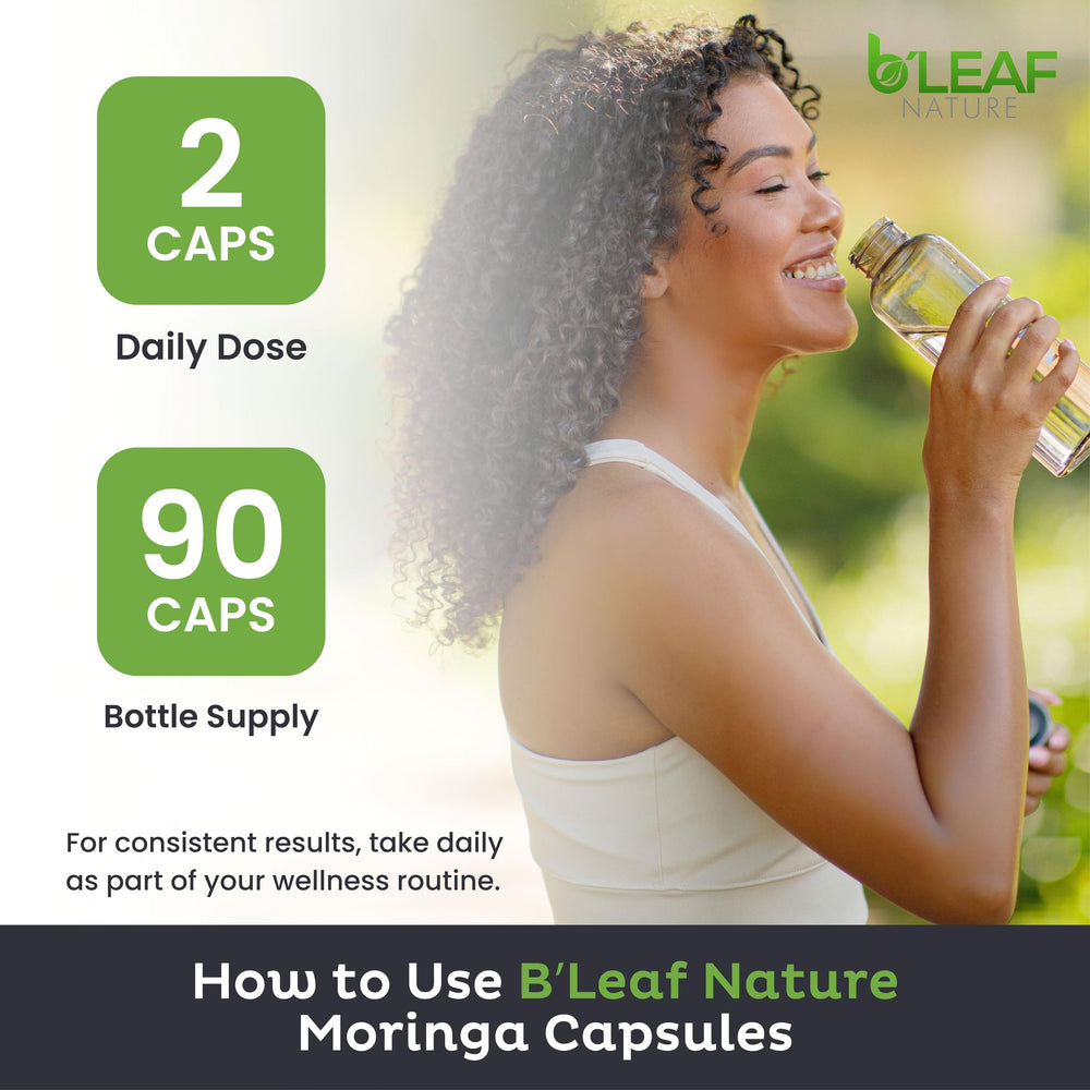 B'LEAF NATURE moringa leaves image emphasizes plant-based nourishment.