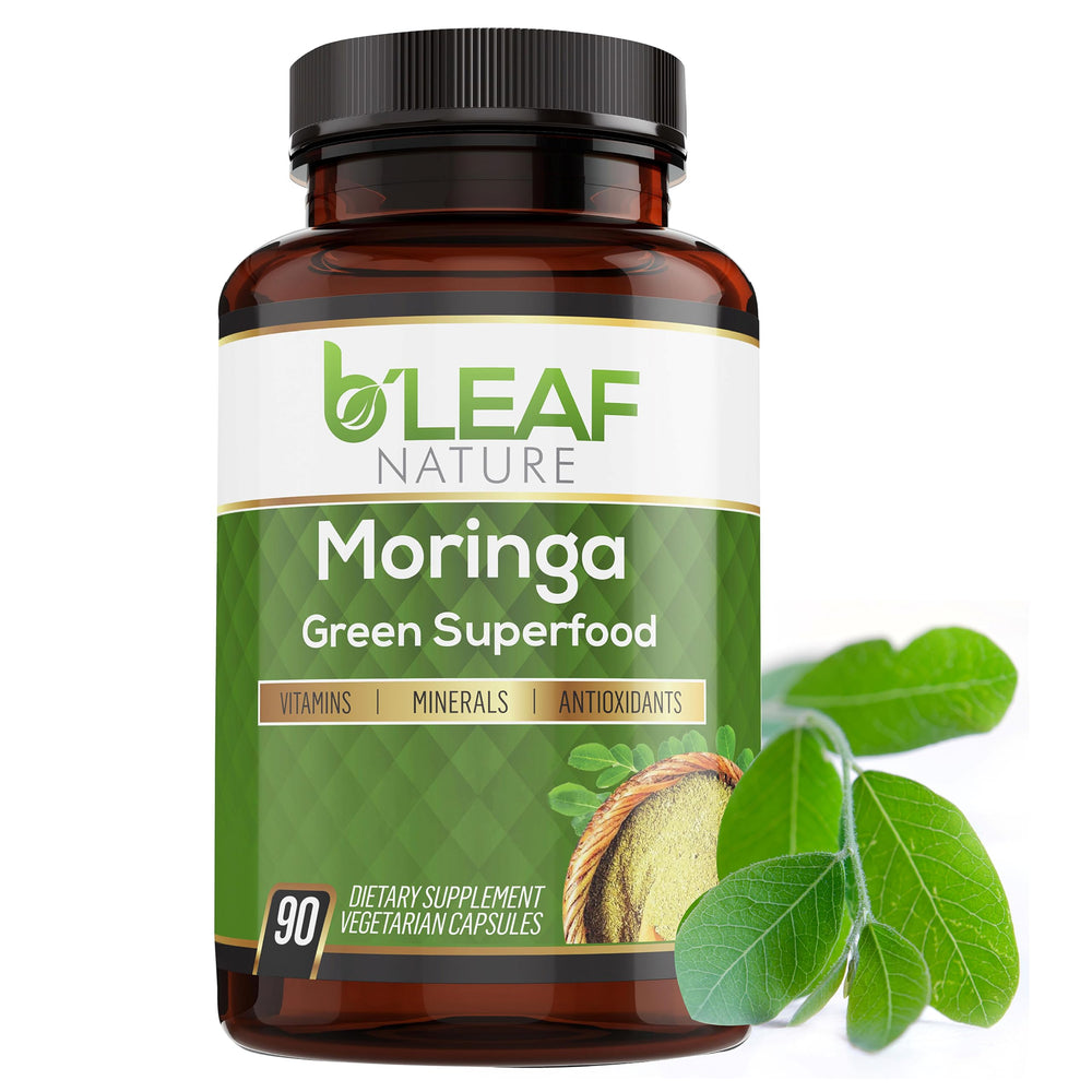 B'LEAF NATURE Organic Moringa Capsules bottle front promotes daily wellness.