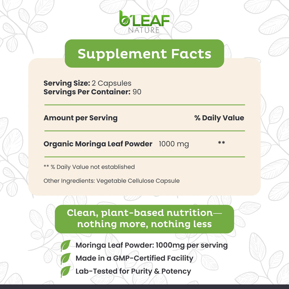 Organic moringa leaves detail highlighting nutrient-rich sourcing
