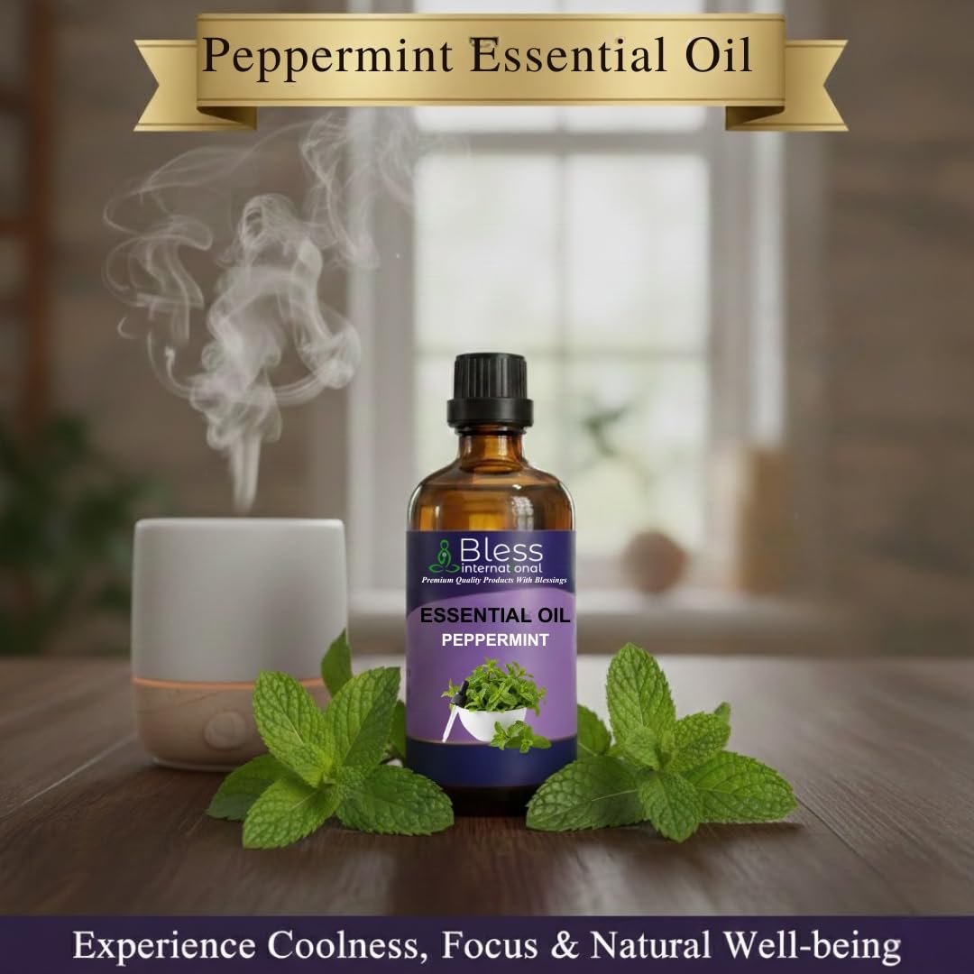 Bless International Peppermint Oil diffuser ambient scene emphasizes long-lasting fragrance