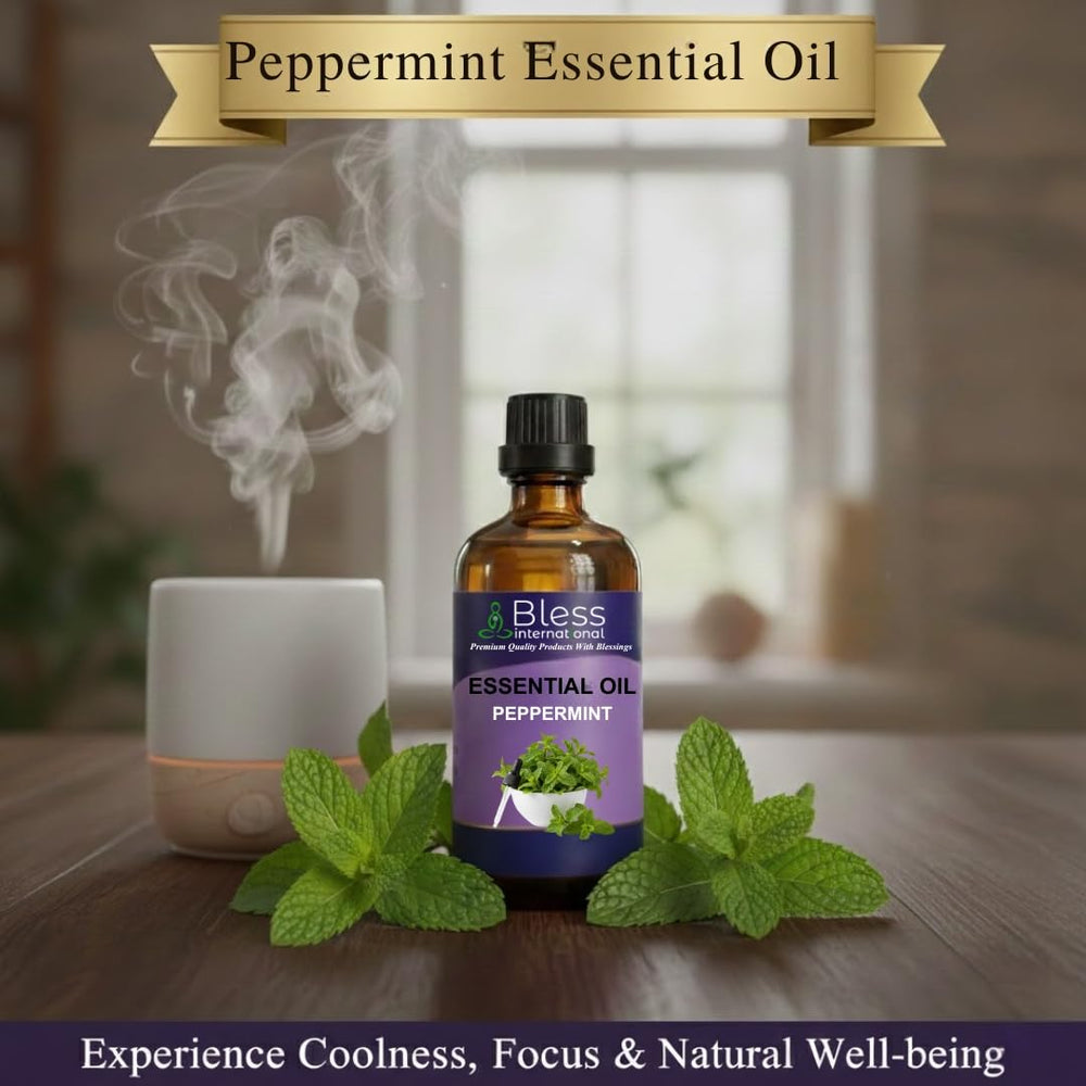Bless International Peppermint Oil diffuser ambient scene emphasizes long-lasting fragrance