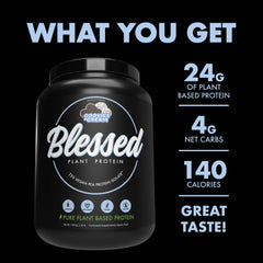 Blessed vegan protein powder ingredients label highlighting gluten-free dairy-free soy-free
