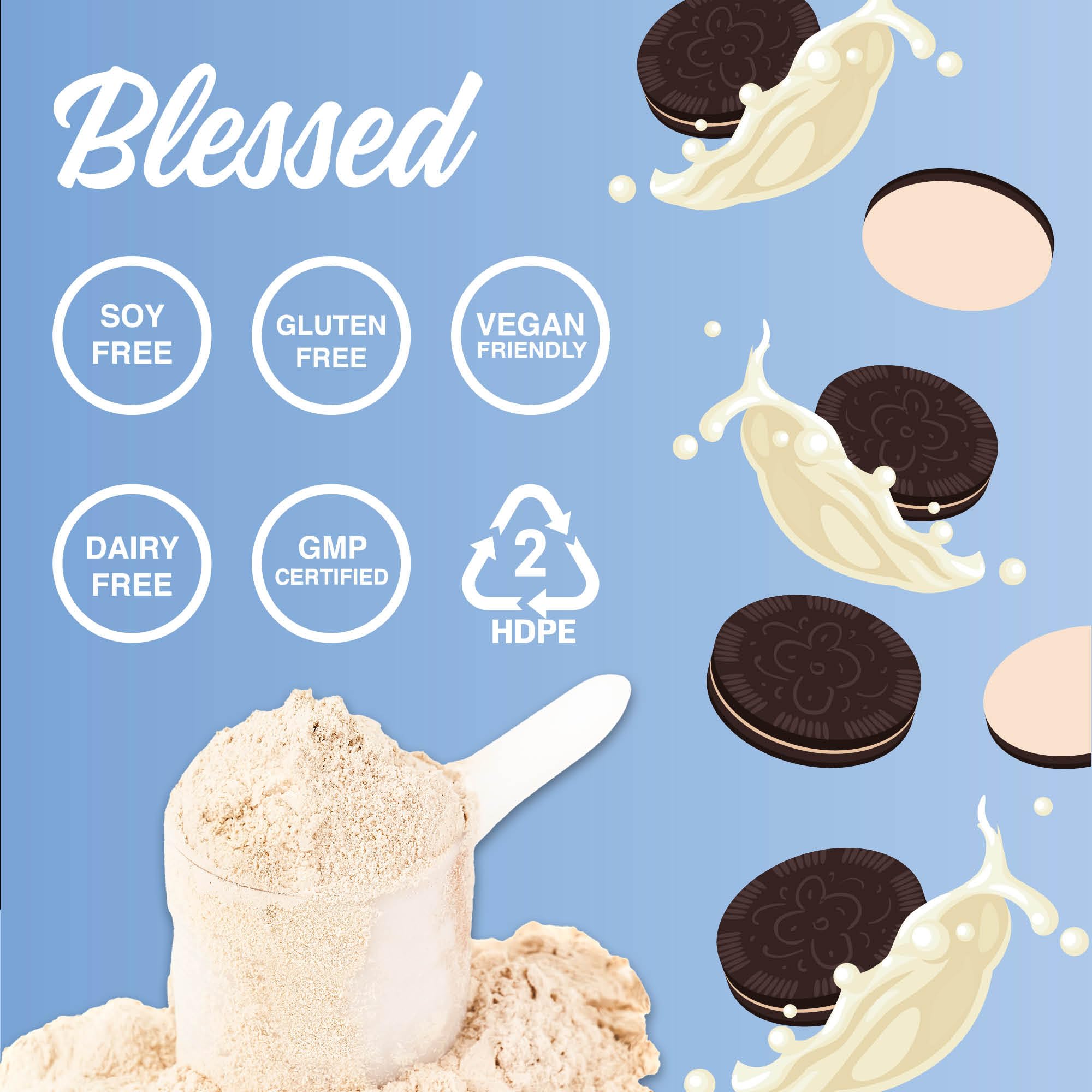 Blessed vegan protein shake in glass with cookies and cream flavor