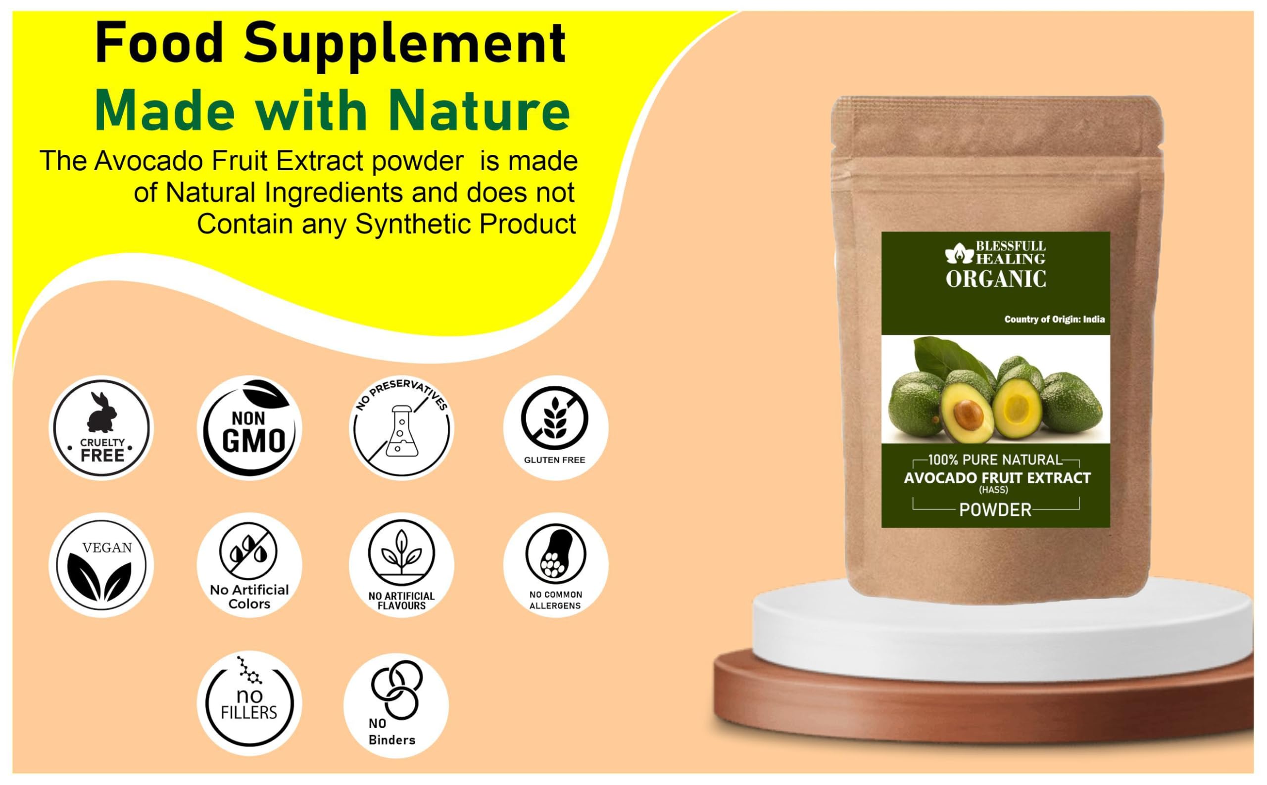 Blessfull Healing avocado powder label panel highlighting natural extract