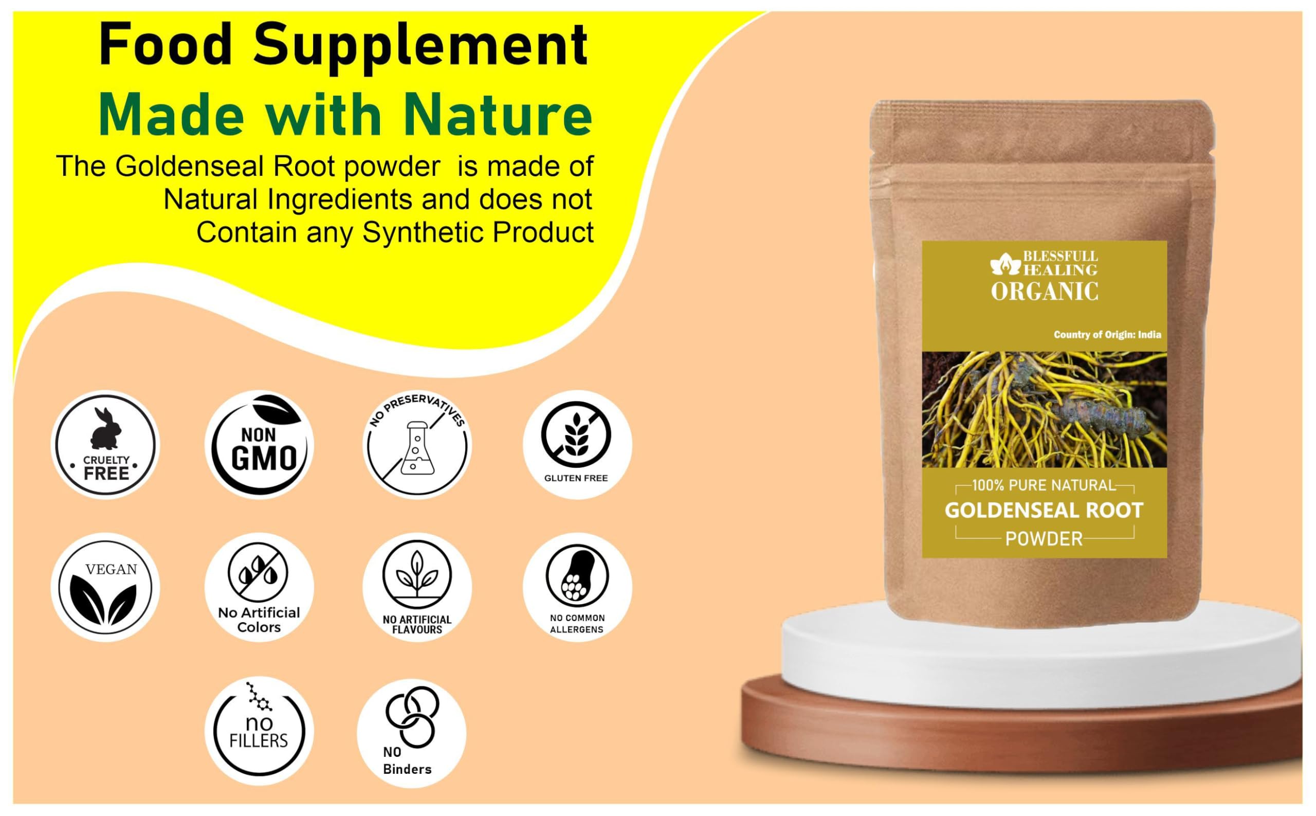 Pouring Blessfull Healing goldenseal powder with a scoop for measurement.
