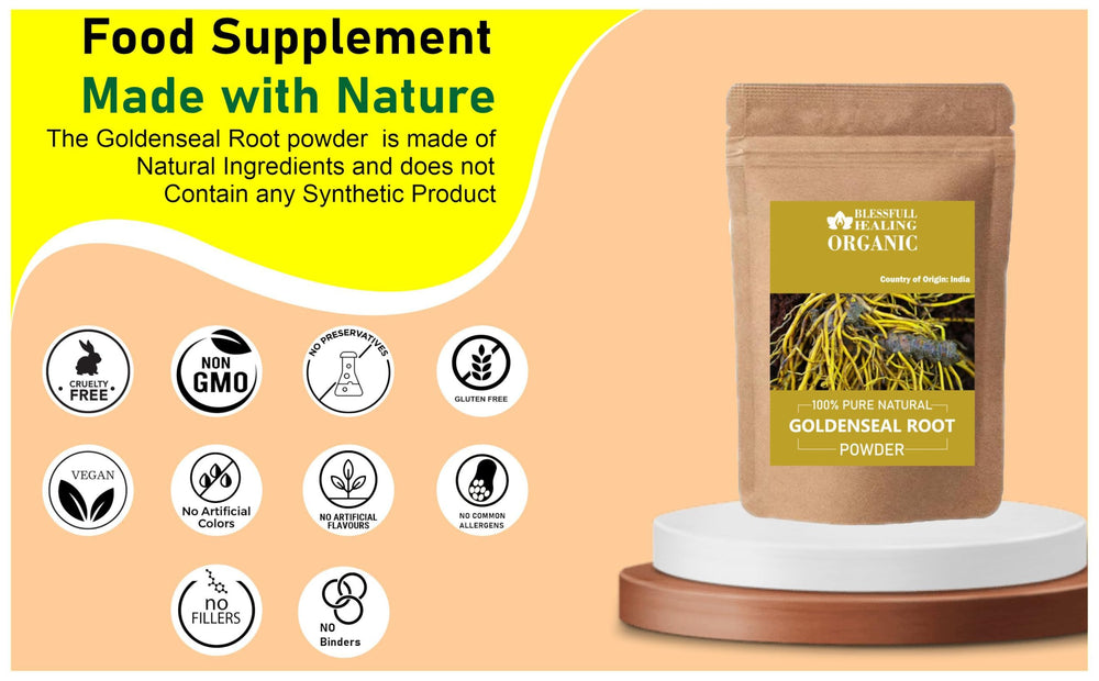 Pouring Blessfull Healing goldenseal powder with a scoop for measurement.