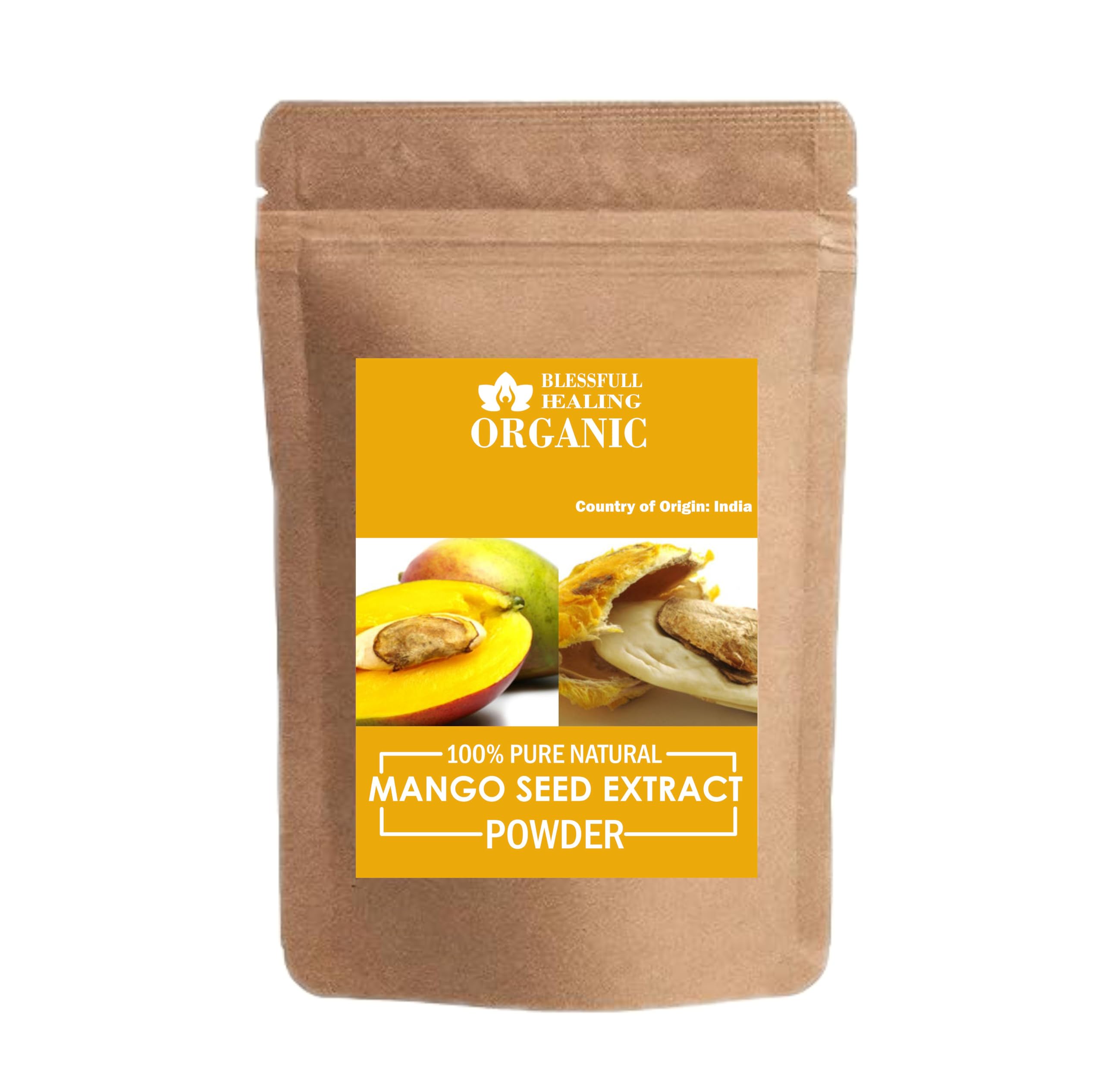 Blessfull Healing mango seed extract powder packaging highlights purity and quality.