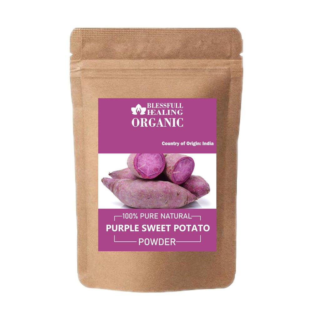 Blessfull Healing purple sweet potato powder in a jar, ideal for smoothies and baking.