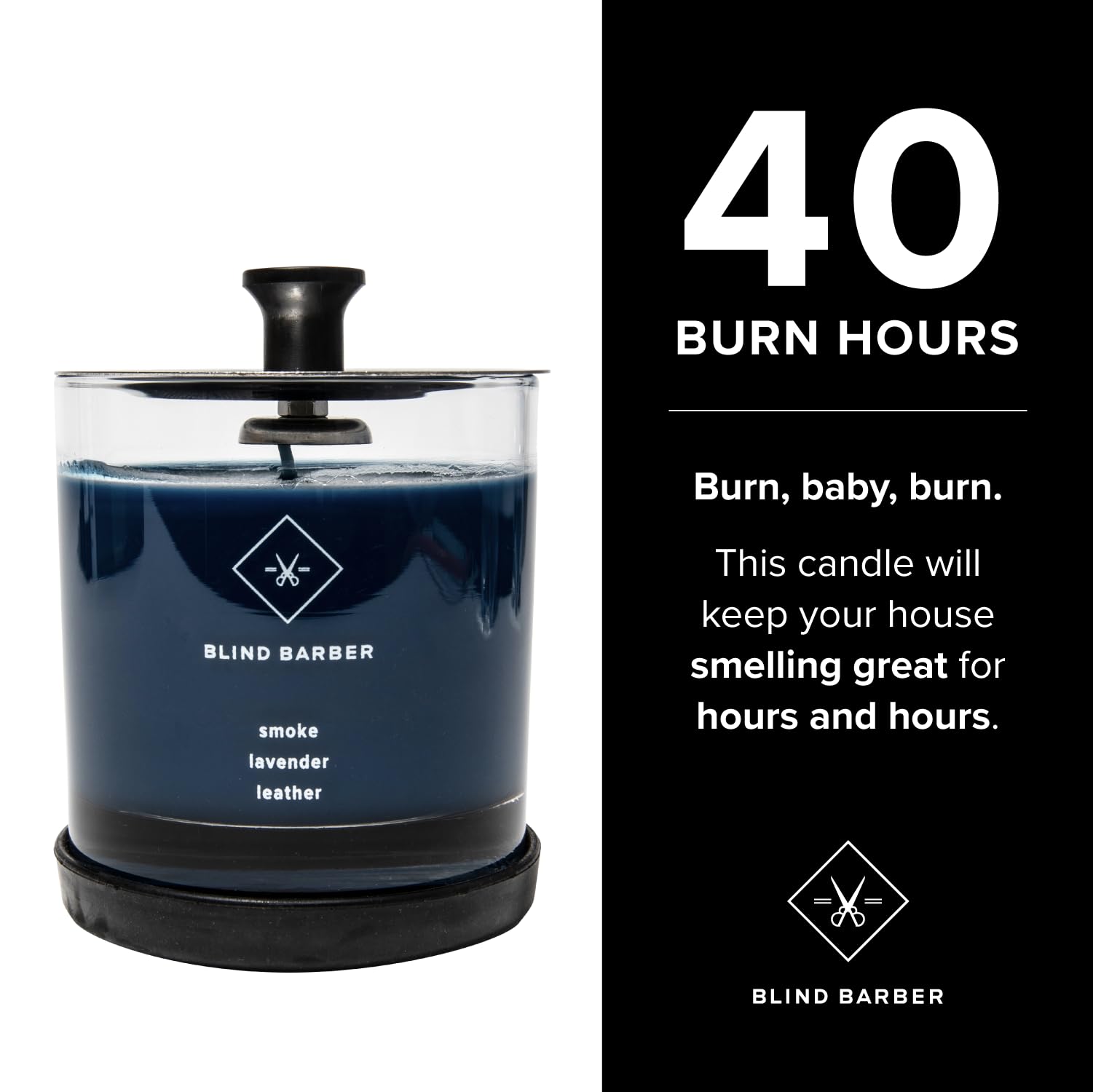 Blind Barber Tompkins Candle lavender honey aroma creates a relaxing space.