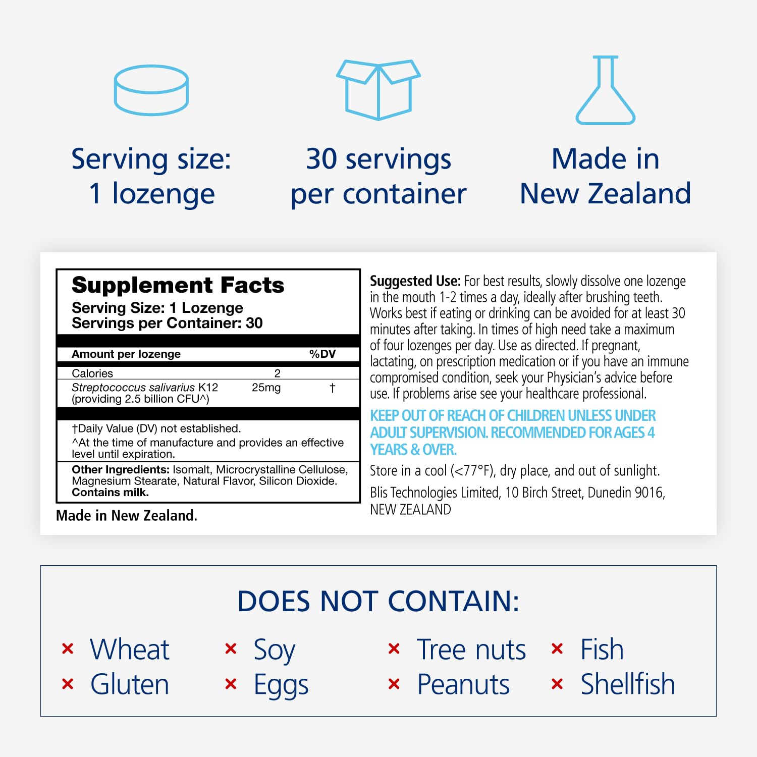 BLIS ThroatHealth bottle label highlighting immune and throat support