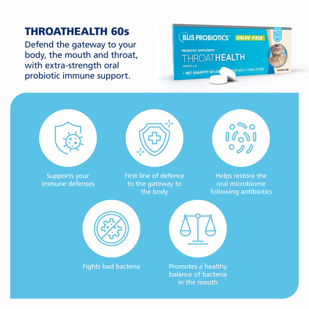 BLIS ThroatHealth 2.5B K12 lozenge close-up highlighting strong potency