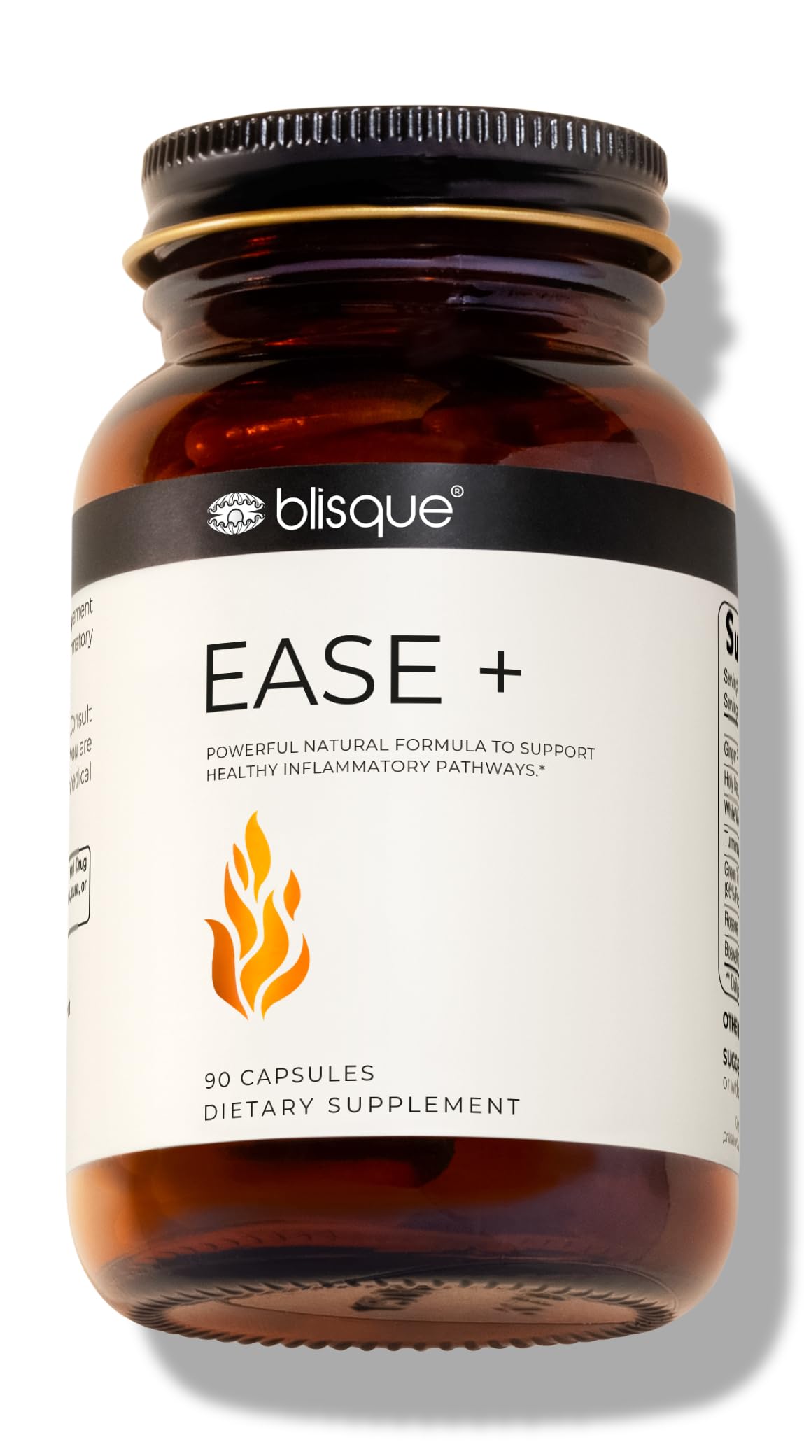 Blisque EASE + bottle front—vegan inflammation support for daily wellness.
