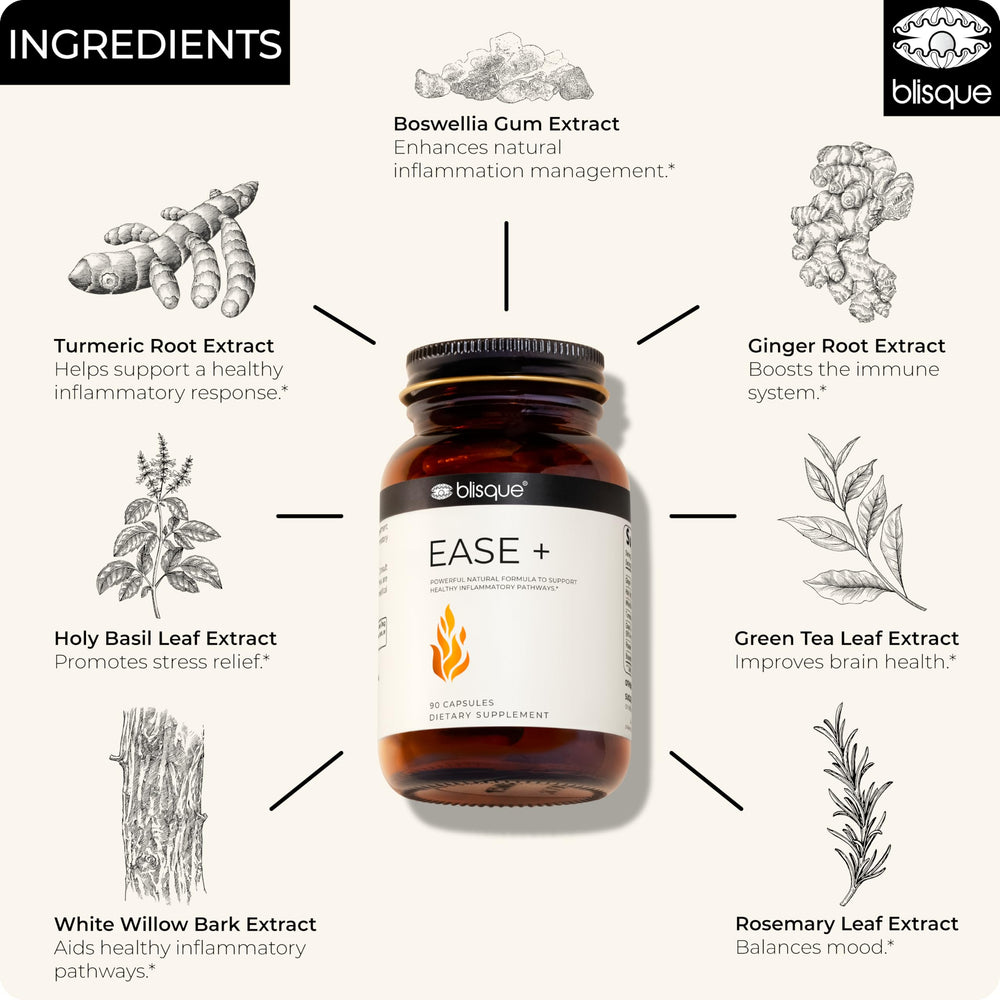 Blisque EASE ginger root photo suggests immune-friendly, plant-based wellness.