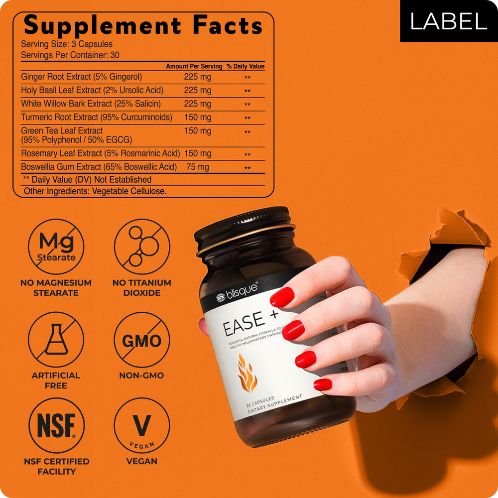 Blisque EASE herbal blend label showcases clean, vegan, non-GMO formulation.