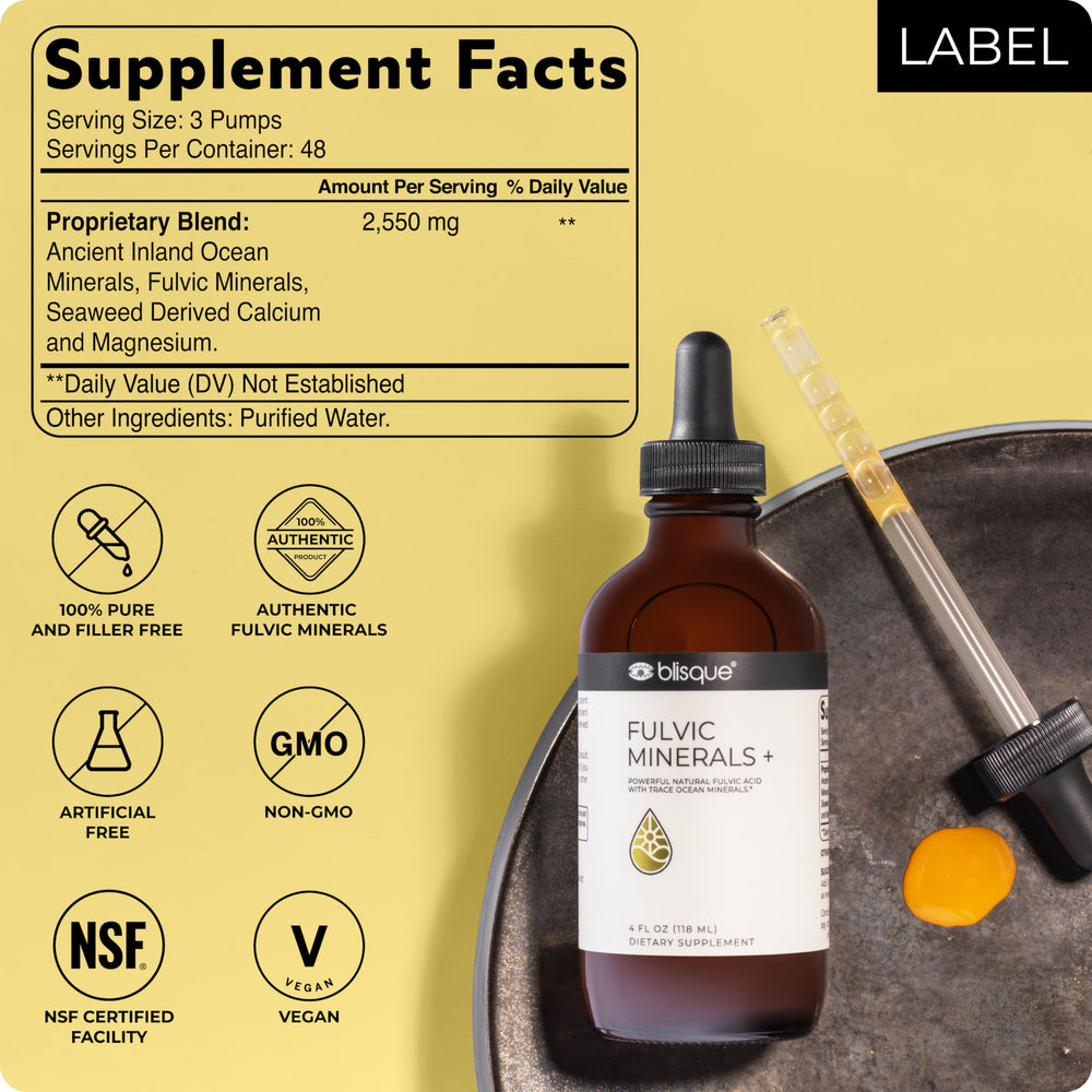 Blisque Fulvic Minerals bottle on counter for convenient daily use.