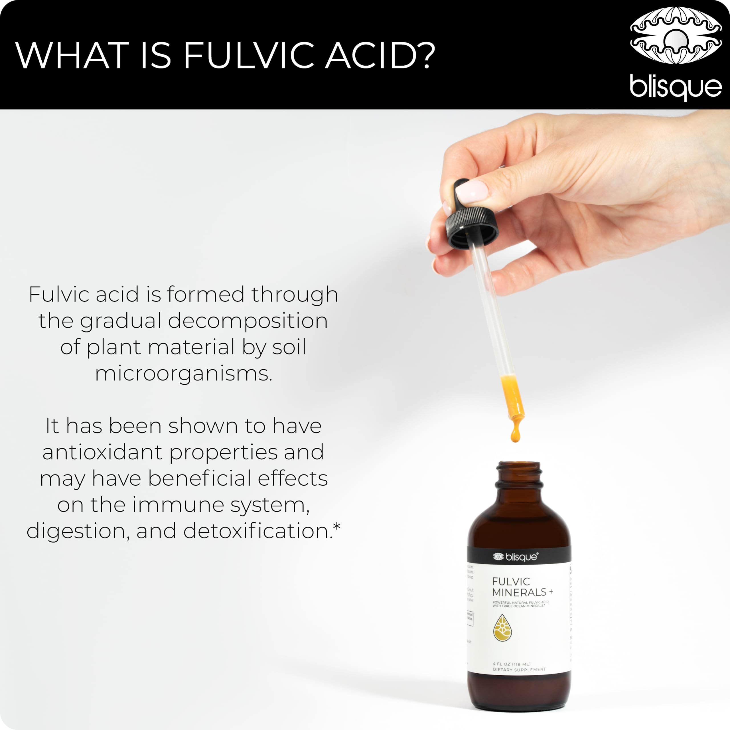 Dropper-tip of Blisque Fulvic Minerals for precise dosing.