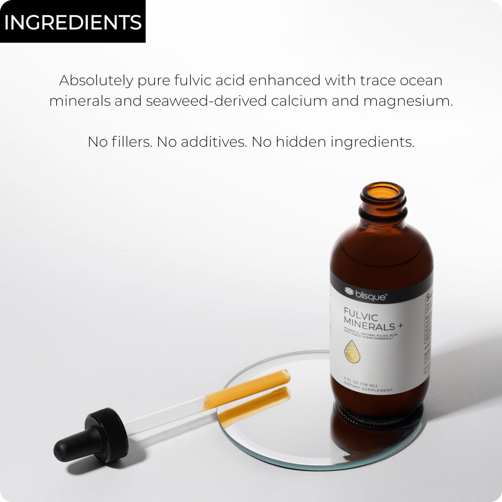 Label close-up of Blisque Fulvic Minerals shows calcium and magnesium sources.