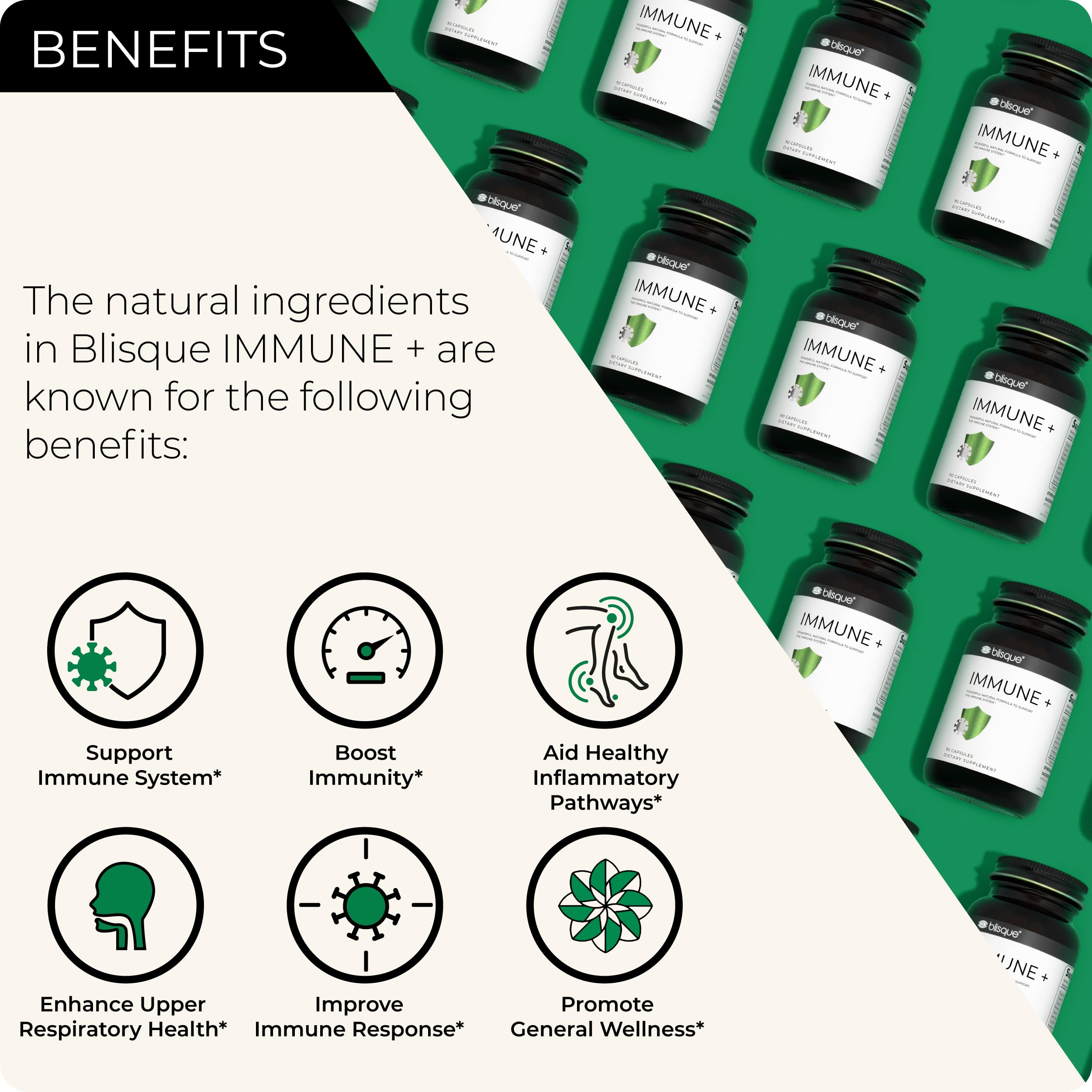 Blisque IMMUNE+ capsules close up showing vegan formula