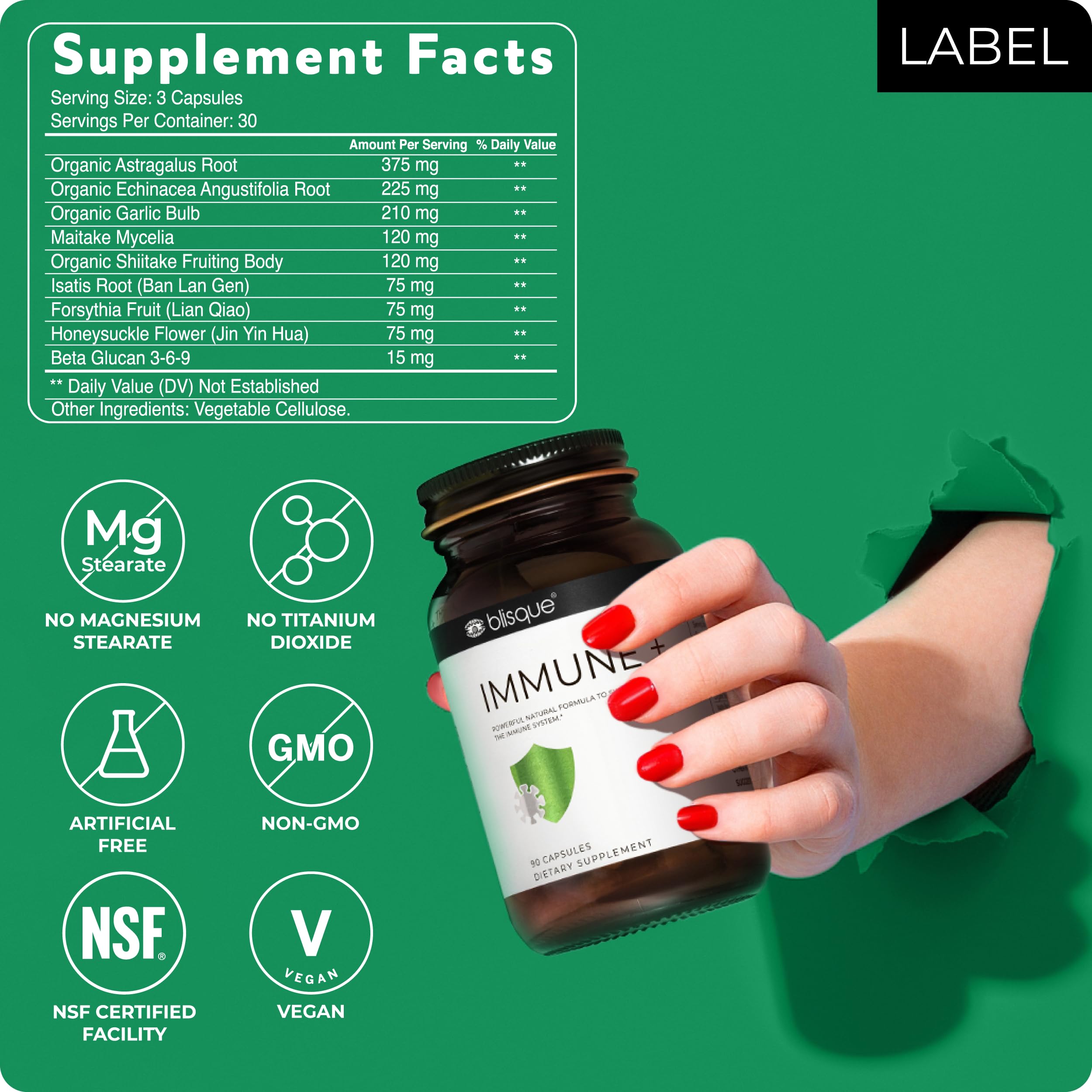 Blisque IMMUNE+ vegan non GMO logos on packaging for clarity