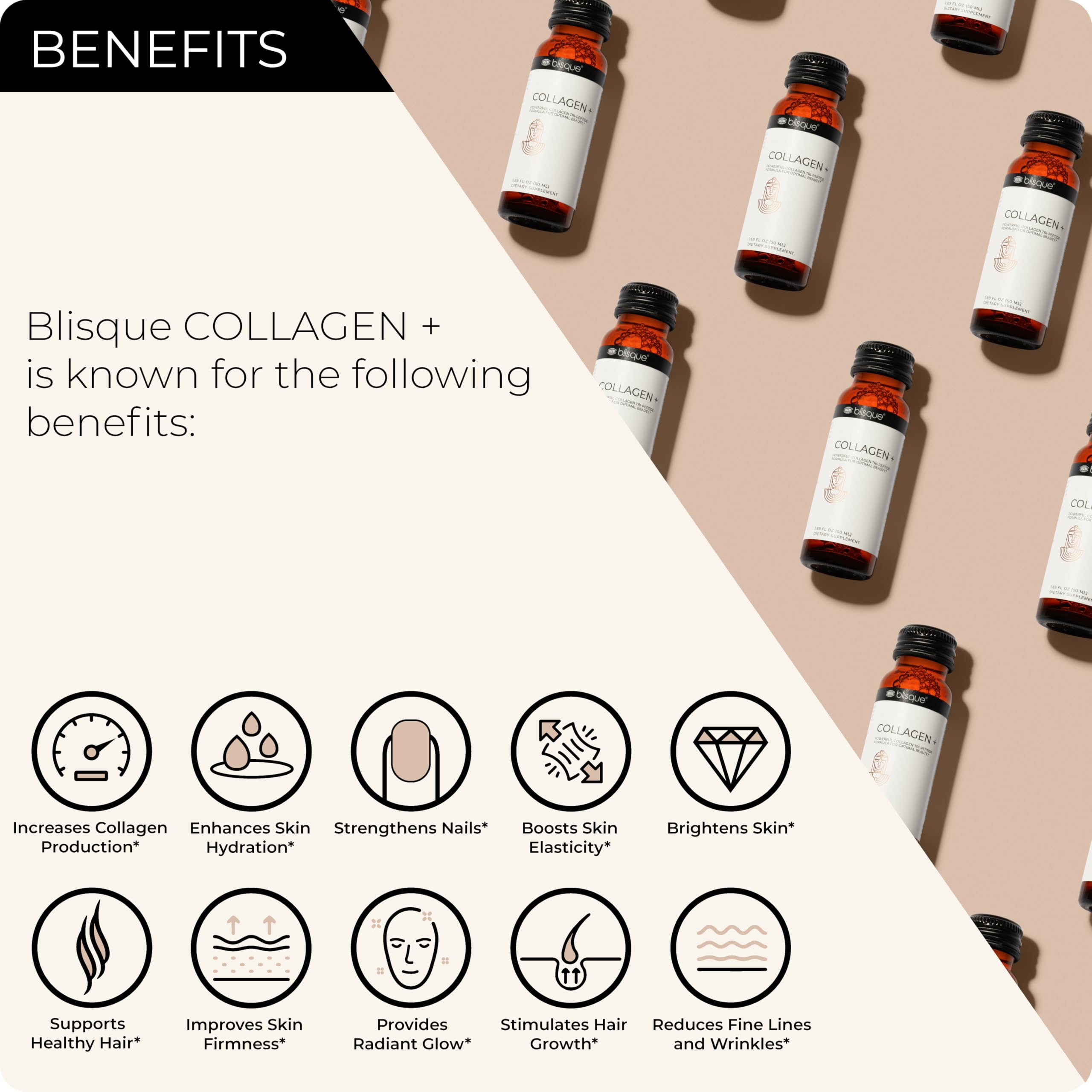 Blisque bottle label close-up highlighting tri-peptide formula details.