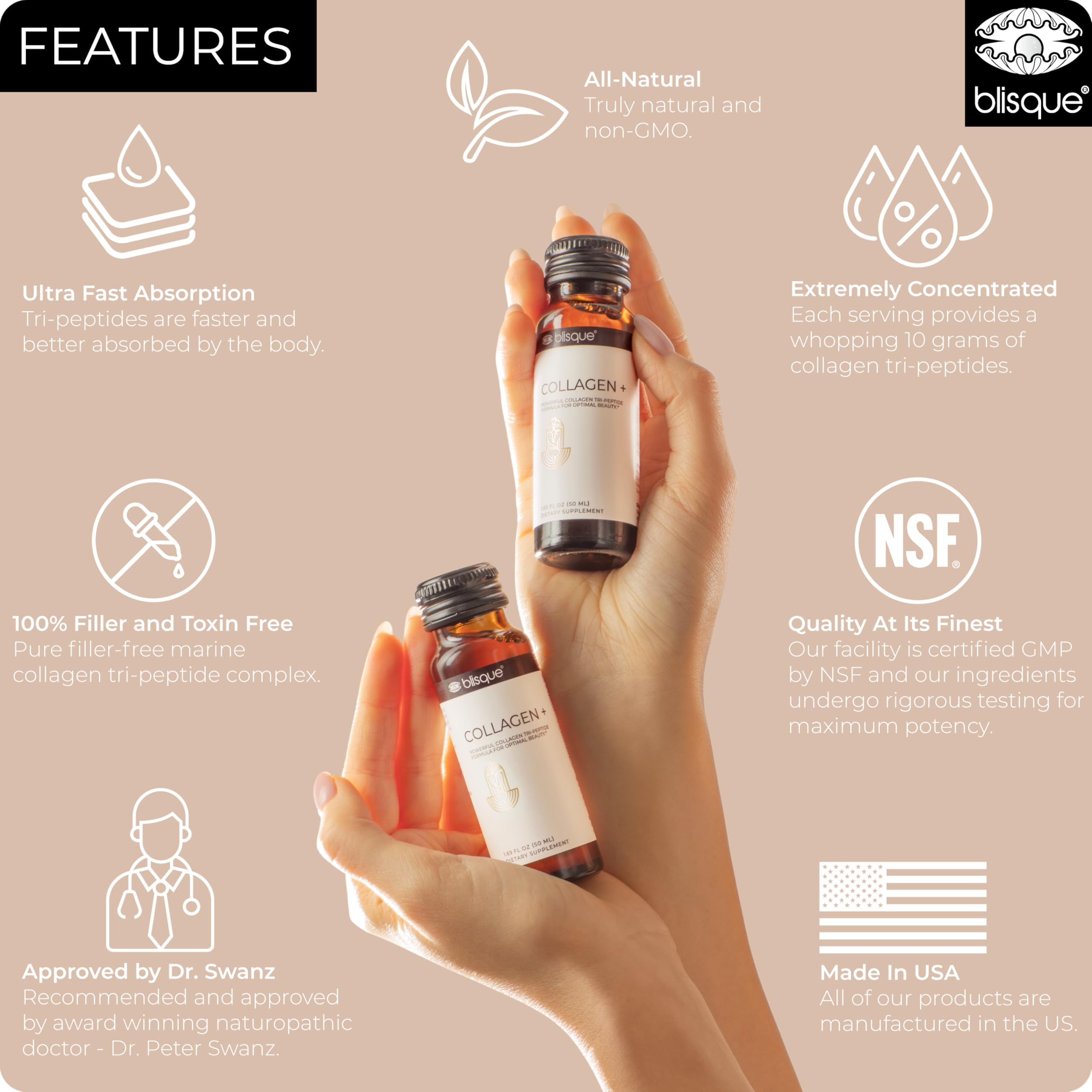 Blisque liquid collagen bottle on wood evokes premium skincare.