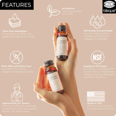 Blisque liquid collagen bottle on wood evokes premium skincare.